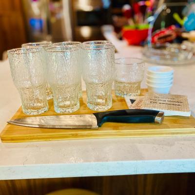 Cutting Board, Knife, Glasses Lot