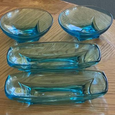 Two Vintage Blue Glass Bowls And Two Relish Dishes