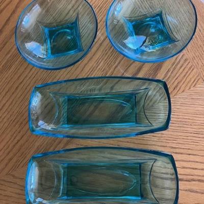 Two Vintage Blue Glass Bowls And Two Relish Dishes