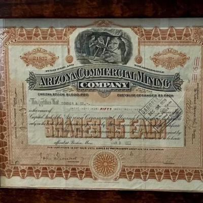 Framed 1928 Arizona Mining Company Stock Certificate