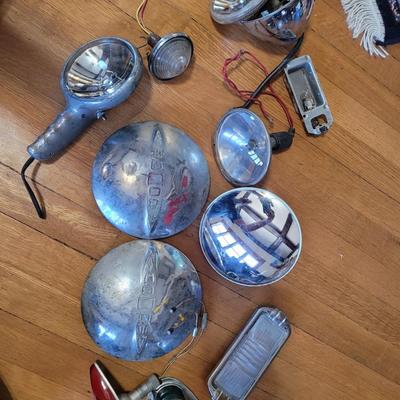 Lot of vintage auto mirrors, spotlights, dome lights