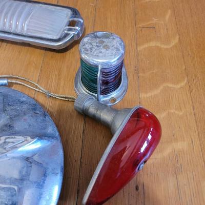 Lot of vintage auto mirrors, spotlights, dome lights