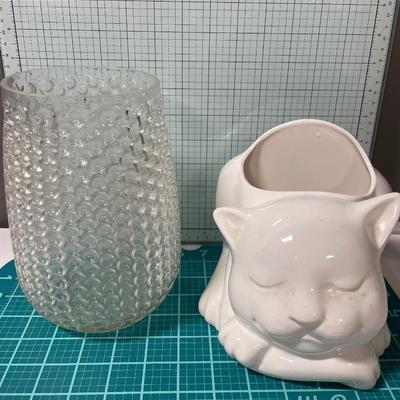 Cat planter and bubble glass vase