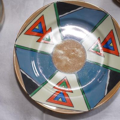 ART DECO 1920's-30's JAPANESE TAKITA PORCELAIN LUSTERWARE LUNCHEON SET FOR SIX PLUS CRM & SUGAR BIRD FIGURES.