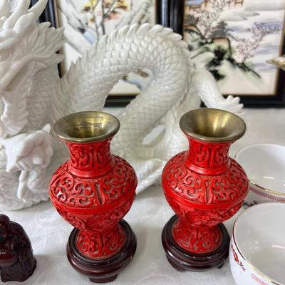 White Dragon and Cinnabar red vases, Tea Pot