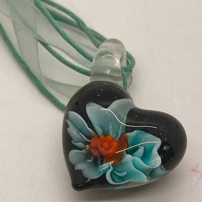 Green Ribbon Necklace with Glass Heart Pendant with Blue Flower Design