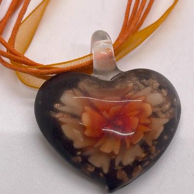 Orange Ribbon Necklace Glass Heart Pendant with flowers