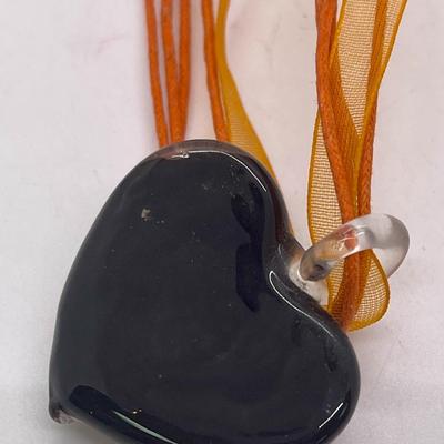 Orange Ribbon Necklace Glass Heart Pendant with flowers