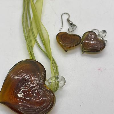 Green Ribbon Necklace with Glass Heart Pendant and pair of matching Earrings