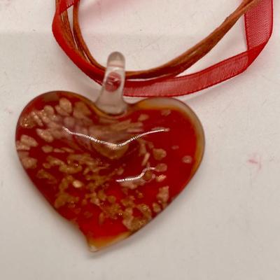 Red Ribbon Necklace Heart Shaped Glass Pendant