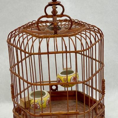 Vintage Bird Cage with 2 ceramic bowl feeders