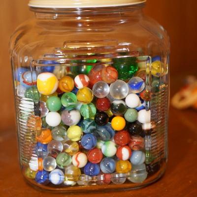 JAR FILLED WITH VINTAGE MARBLES