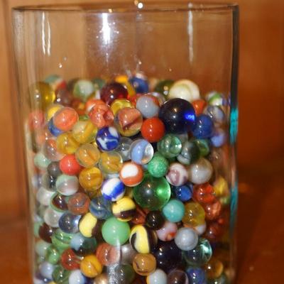 GLASS CONTAINER OF VINTAGE MARBLES UNSORTED