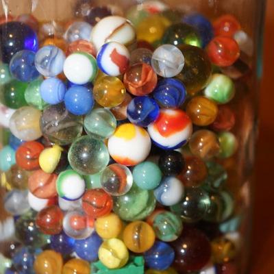 GLASS CONTAINER OF VINTAGE MARBLES UNSORTED