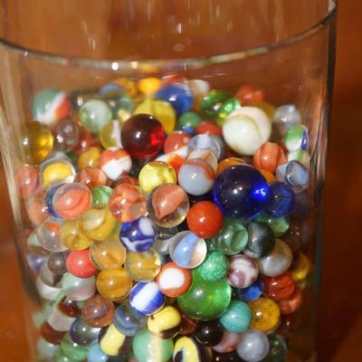 GLASS CONTAINER OF VINTAGE MARBLES UNSORTED