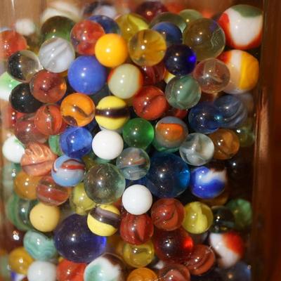 GLASS CONTAINER OF VINTAGE MARBLES UNSORTED