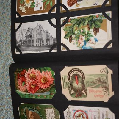 VINTAGE POSTCARD ALBUM OF OVER 300 CARDS. ALL HOLIDAYS/ WISC TOWNS/ DEPOTS /PHOTO CARDS