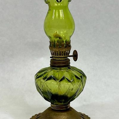 Rare Tiny Oil Lamp Green glass and brass unknown maker