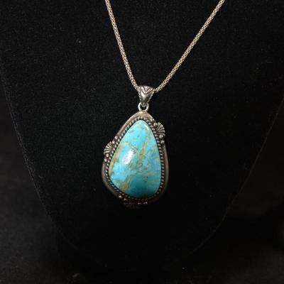 925 Sterling Popcorn Chain 17" with 925 Turquoise Pendant and Matching Earrings 20.4g