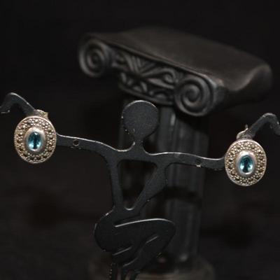 925 Sterling Earrings with Marcasite & Aqua Tone Glass 3.3g