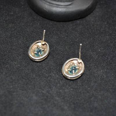 925 Sterling Earrings with Marcasite & Aqua Tone Glass 3.3g