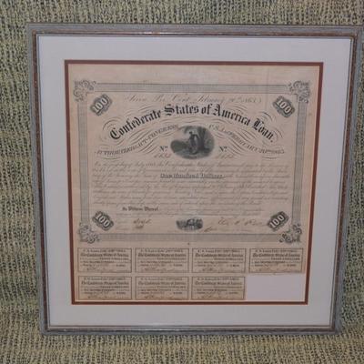 Framed & Matted Antique The Confederate States of America Loan Certificate 1863