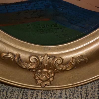 Vintage Gold Tone Frame with Convex Bubble Glass & Damaged Statue of Liberty Design
