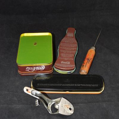 Vintage Coca Cola Ice Pick and Bottle Opener with 3 Tins
