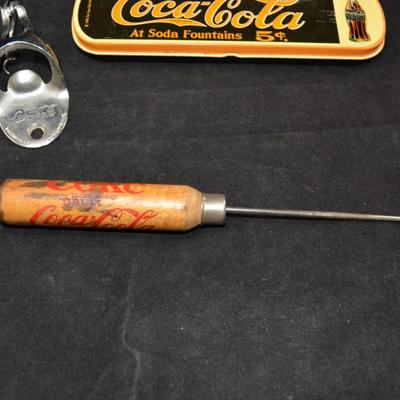Vintage Coca Cola Ice Pick and Bottle Opener with 3 Tins