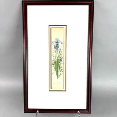 FY053 Original Iris Watercolor Framed with Damask Matting Signed in Lower Bottom