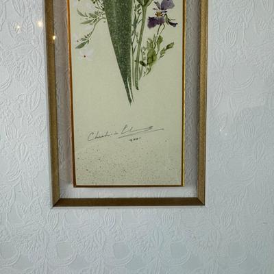 FY053 Original Iris Watercolor Framed with Damask Matting Signed in Lower Bottom