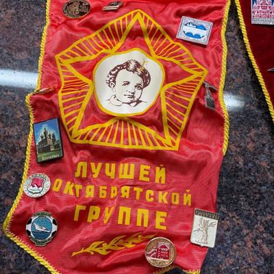 Lot of Three Soviet Union/Russian Banners and Collectible Enamel Pins