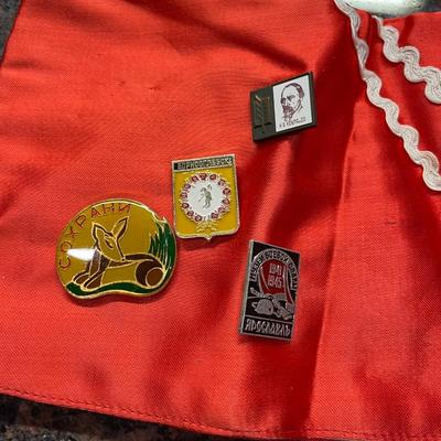 Lot of Three Soviet Union/Russian Banners and Collectible Enamel Pins