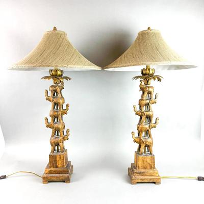 FR060 Pair of FREDERICK COOPER Tyndal Wooden Carved Graduated Elephant Lamps