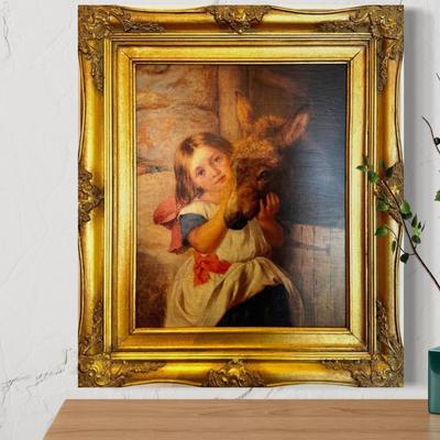 HW088 Girl with Donkey Framed Art on Board in Gold Frame