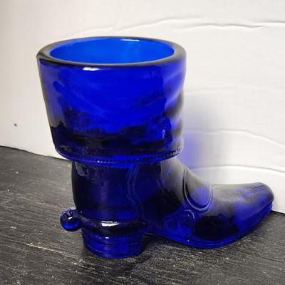 Cobalt boot, candle holder and blue clown