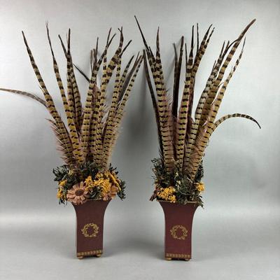 LR104 Pair of Pheasant Feather Floral Dried Arrangements