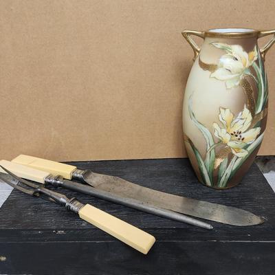 Antique carving set and Nippon vase