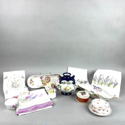 BB153 Mixed Floral Dresden China and Linen Lot