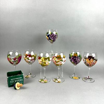 BB169 Handpainted Wine Glass Set of 7 with Bottle Stoppers