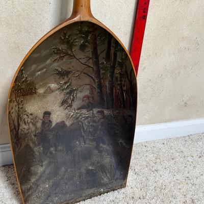 Antique wood shovel, painted scene