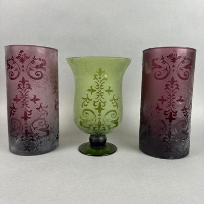BB211 Set of Two Frosted Purple Vases and Green Pedestal Vase