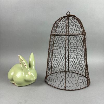 BB220 Glazed Terra Cotta Bunny with Metal Cage Cloche