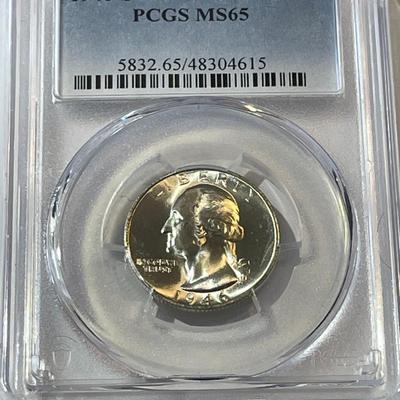 PCGS Certified 1946-S MS-65 Quality Washington Silver Quarter as Pictured.
