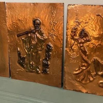 Three Vintage Copper Asian Panels