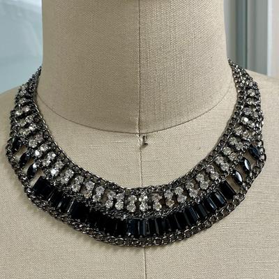 Statement Necklace Black Beads and Clear Rhinestones