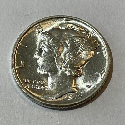 1945-P Choice BU Condition Mercury Head Silver Dime as Pictured.