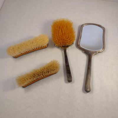 Vintage Sterling Silver and Guilloche Enamel Brush and Beveled Mirror Vanity Set- Four Pieces