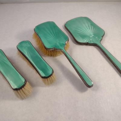 Vintage Sterling Silver and Guilloche Enamel Brush and Beveled Mirror Vanity Set- Four Pieces