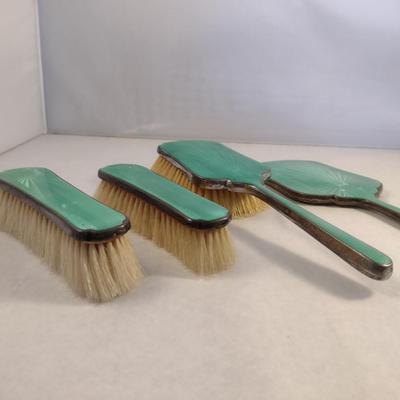 Vintage Sterling Silver and Guilloche Enamel Brush and Beveled Mirror Vanity Set- Four Pieces